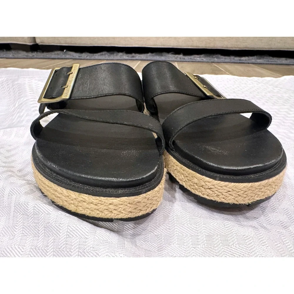 Sorel Women's‎ Leather Slide Sandals Black Buckle Espadrille Platform Size 9.5